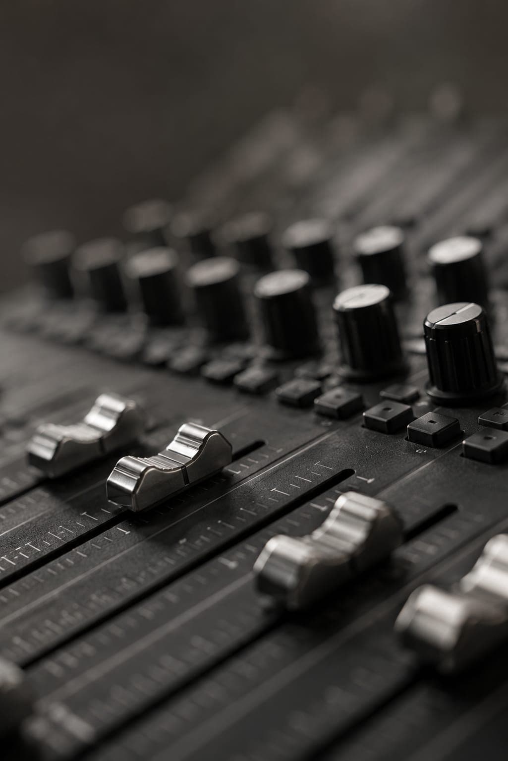 Primer plano de los faders y las perillas de una consola de sonido
