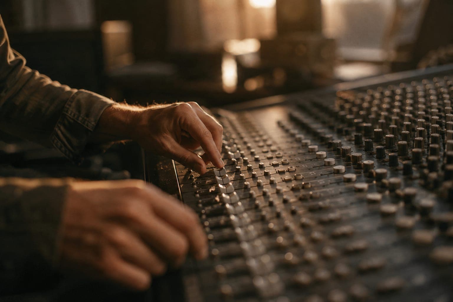 Manos ajustando los faders de una mesa de mezclas, con luz cálida de tarde