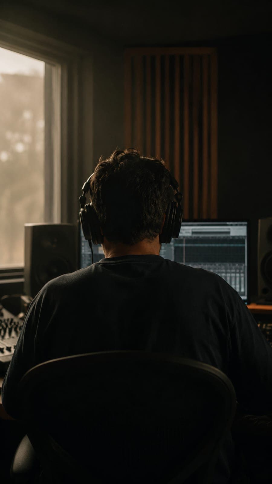 Persona de espaldas con audífonos, trabajando frente a un monitor de estudio